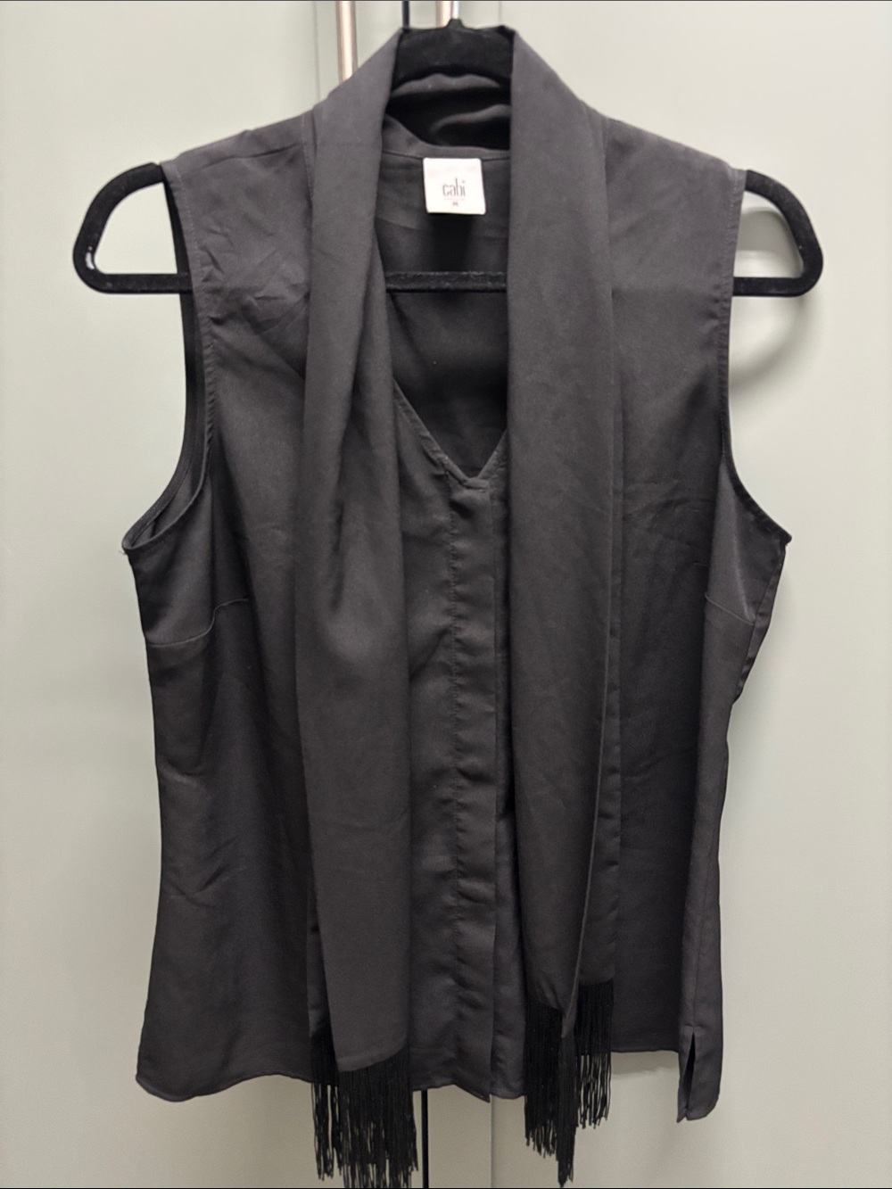 CAbi Black Sleeveless Scarf-Front Fringe Vest